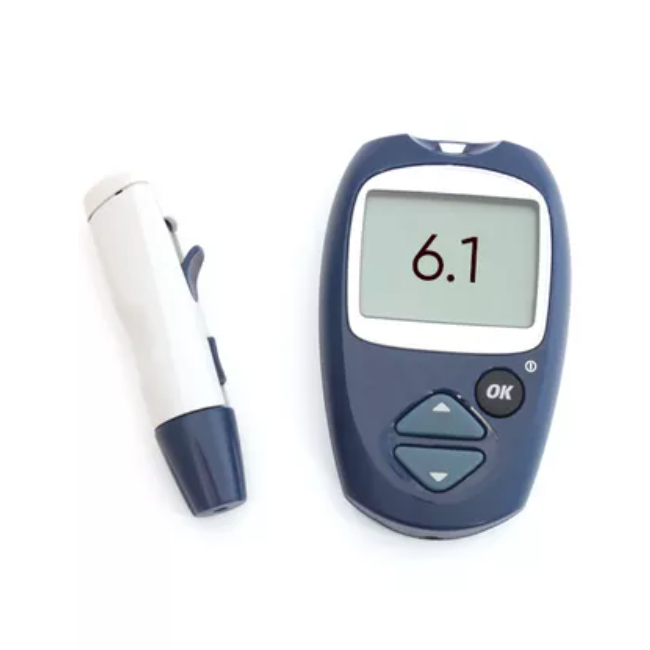 A generic image of a blood glucose monitor and finger stick.